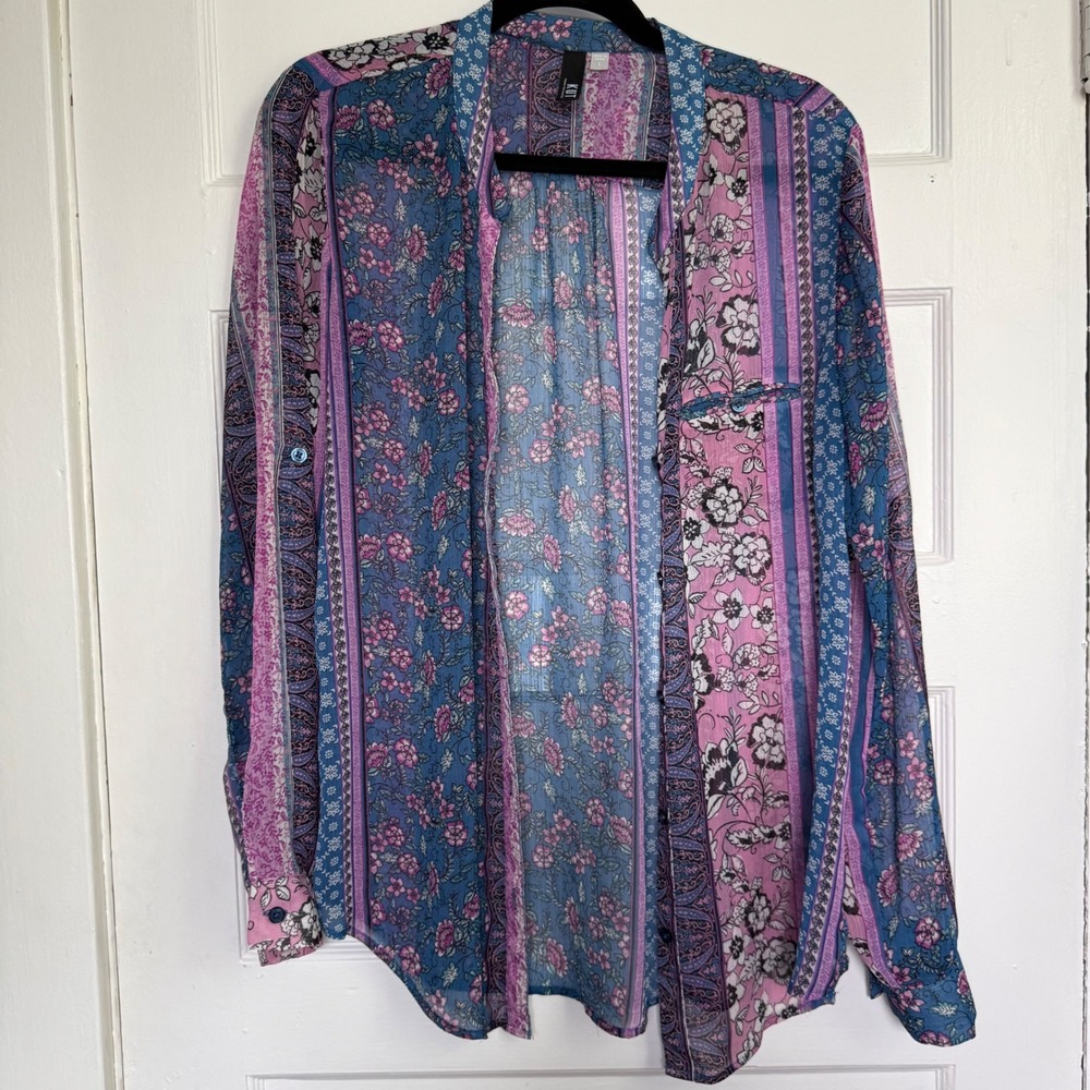 KUT from the Kloth Blue Pink Floral Paisley Patchwork Roll Tab Blouse Large